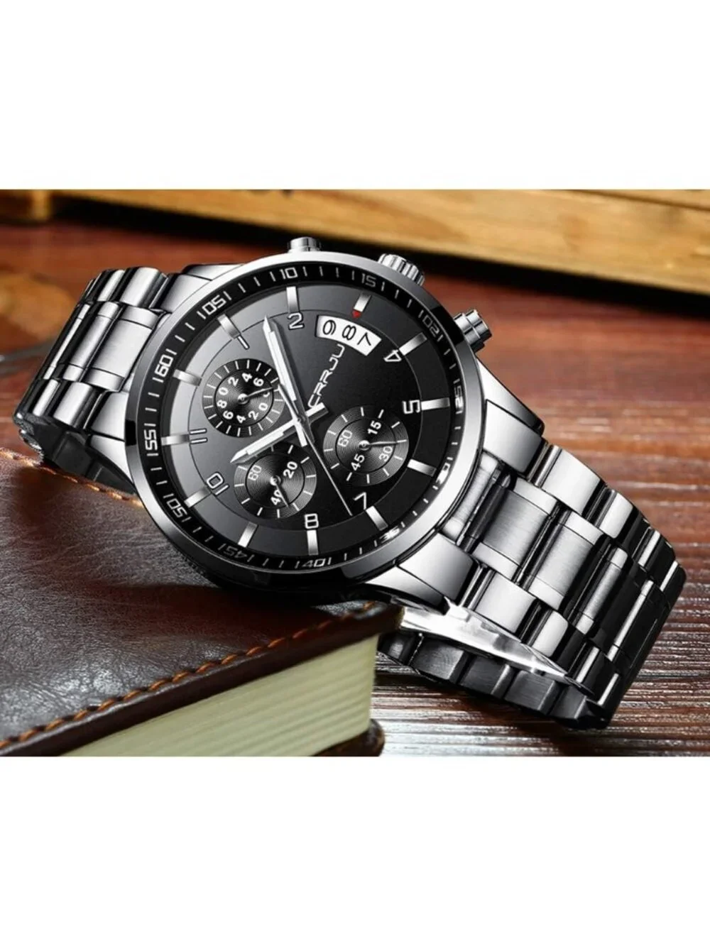 Men's Silver And Black Analog Stainless Steel Waterproof Chronograph Wrist Watch